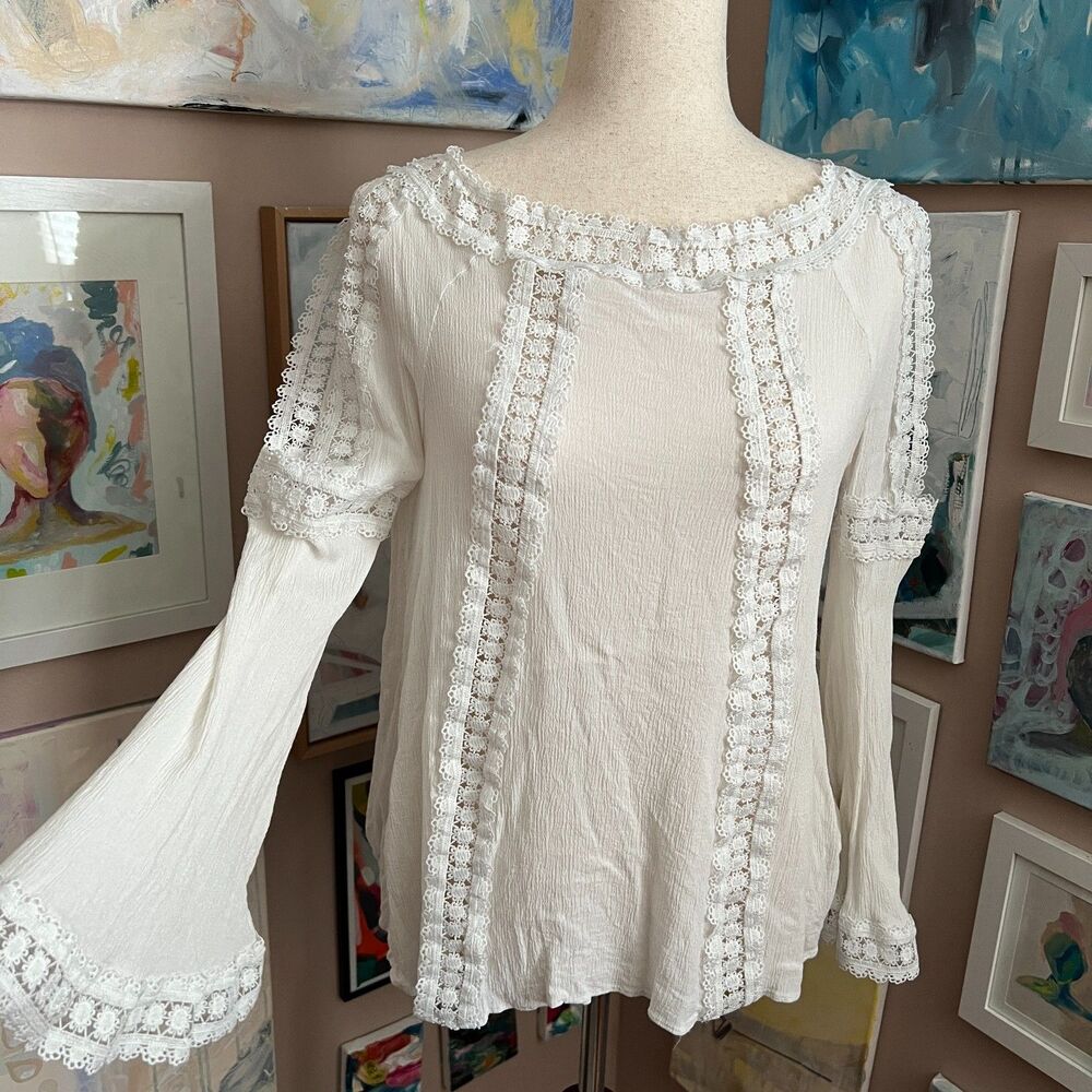 Maeve Anthropologie White Lace Trim Prairie Cottage Top Boho Peasant‎ Blouse SzM